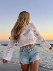 女士轻薄镂空针织透视宽松短款长袖罩衫，适合海滩度假，白色 - 白色 - 查看 3