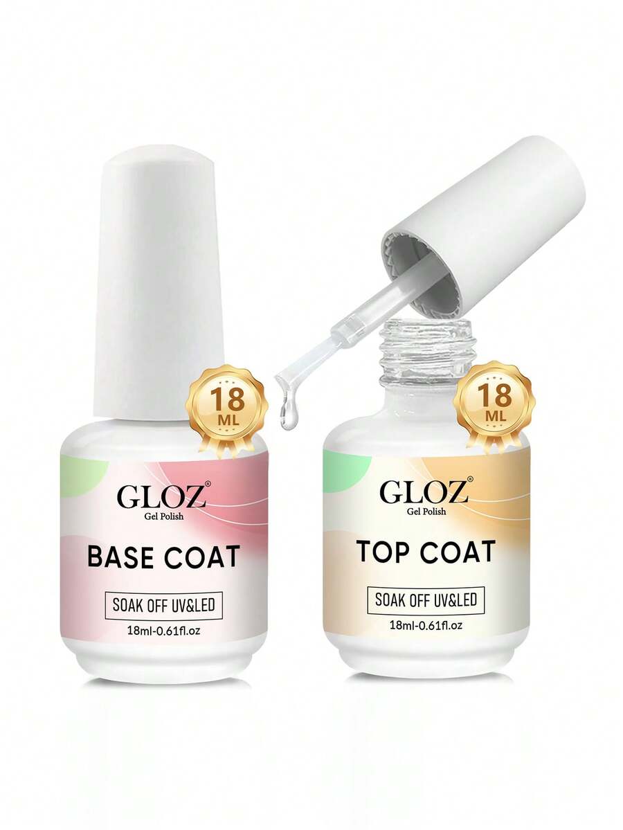GLOZ 2件組/18ml 凝膠指甲油底層塗料 & 免擦亮面封層塗料 UV LED 快乾持久亮澤指甲油套組，女性禮物，沙龍品質