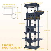 HEXCELEN 210 Cm Large Scratching Post, Cat Tower For Maine Cat, Multi-Storey Scratching Post With Large Perch, Washable Mat, Cat House Furniture With 2 Caves, 8 Scratching Posts - Màu xám đen - Xem 6