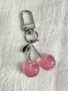 1 chiếc móc khóa hình quả anh đào đính kim sa màu hồng lấp lánh, phụ kiện hình trái cây 3D thời trang, thích hợp để gắn vào dây đeo điện thoại, túi xách và móc chìa khóa xe hơi. - Hồng - Xem 2