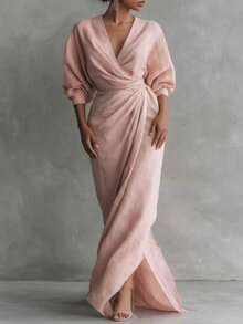 French Retro Linen Texture Wrapped Women's Dress - Fashionable, Elegant, Personalized, Banquet, Banquet, Sexy Spring And Summer New Style Solid Color V-Neck Long Sleeve Waist For Slimming, Bubble Sleeve Split Design Long Dress - 藕色 - 查看 3