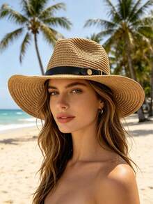 Women's Wide Brim Straw Panama Hat, UPF 50+ Sun Protection, Adjustable Waist Strap, Foldable Beach Travel Hat,Holiday,Festival - Panama Straw Hat - View 5