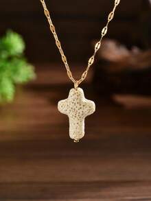 1pc Casual Minimalist Elegant Artificial Stone Cross Pendant Necklace, Suitable For Women's Daily, Commute, Vacation Matching, Valentine's Day Gift, Mother's Day Gift, Easter Accessory - Gold - View 2