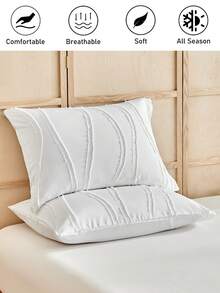 1pc Boho White Striped Cutout Tufted Pillowcase, Vintage Farmhouse Style Polyester Decorative Throw Pillow Cover, Suitable For All Seasons, Decor, Machine Washable, Pillow Insert Not Included - White - View 5