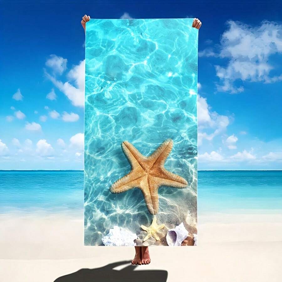 1pc Quick-Dry Anti-Sand Beach Towel With Starfish Design - Lightweight Polyester Blend, Suitable For Pool, Camping, Yoga, Travel - Vibrant Tropical Style Beach Blanket - Multicolor - View 1