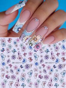 2pcs 3D Colorful Floral Nail Art Stickers, Self-Adhesive Purple, Pink, Blue Flower & Butterfly Nail Decals, Elegant Glossy Nail Art Decorations For Spring/Summer DIY - Multicolor - View 1