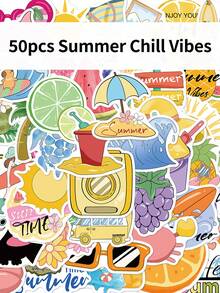 50pcs Summer Chill Vibes Creative Cartoon Stickers DIY Guitar Luggage Refrigerator Water Cup Planner Supplies Decorative Laptop Personalization Stickers - Multicolor - View 2