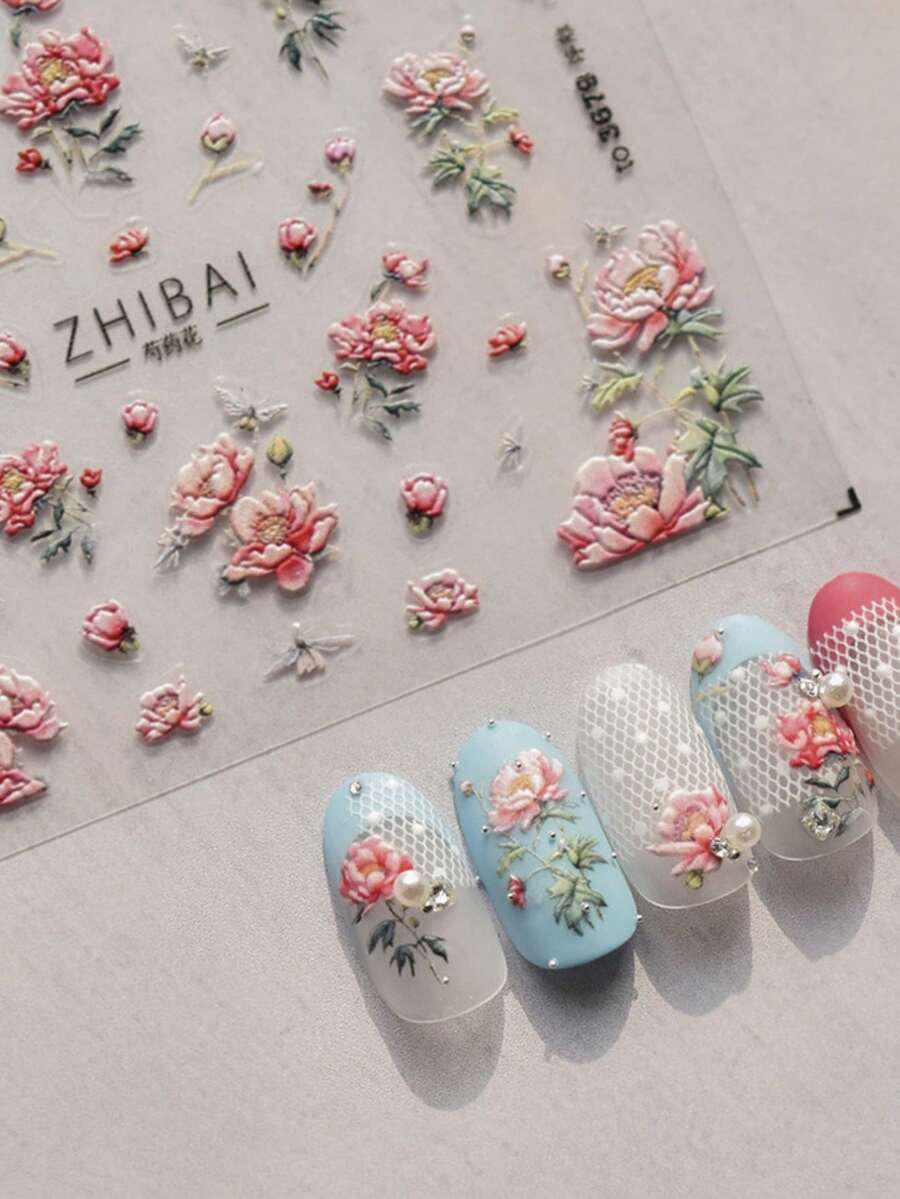 1pc Herbaceous Peony Noble Chinese Flower King Retro Magnolia Soft Relief Embossed 3D Self Adhesive Nail Art Sticker Manicure Decals Nail Stickers - Multicolor - View 1