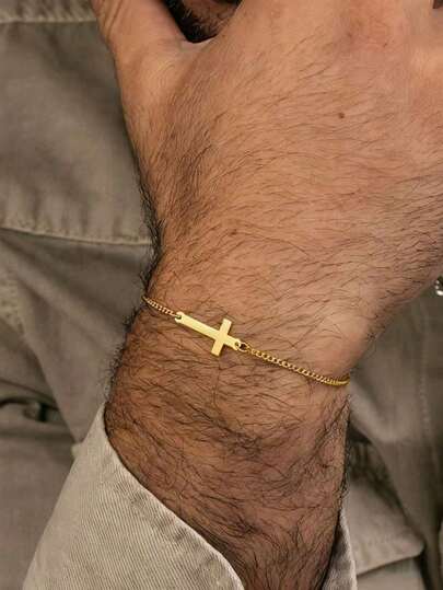Pulsera de acero inoxidable chapada en oro de 18K para hombres - Accesorio religioso minimalista, adecuado para uso diario y ocasiones especiales como Navidad, Día del Padre, San Valentín y otras festividades cristianas, una opción de regalo ideal - Accesorio de fe duradero, lleno de espiritualidad, diseño de cadena minimalista, acabado pulido