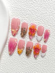 10Pcs Sweet French Style Handmade Nail Art Set,Polygel Nail Set,Hand-Sculpted Five-Petaled Flower,Champagne-Colored Teardrop Diamonds Nail Art Accessories,Hand-Painted Solid Color Water Droplets,White Branch Polka Dots,White And Yellow Nail Polish,Comes With Nail Tools(1 Sheets Jelly Stickers+1PC Nail File)3 Sizes Available,Almond Nails, Duck Nails,Coffin Nails - 彩色 - 查看 11