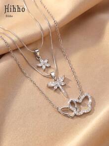 Hihho 3pcs/Set Refreshing Nature-Inspired Silver Jewelry Necklace, 5-Petal Flower, Dragonfly, Double Butterfly Hollow Designs, Versatile For Various Styles, Suitable For Daily Commute And Dates - Clavicle Chain - View 4