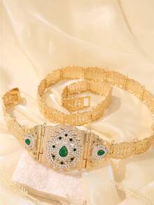 Catena per vita da sposa di lusso per donne, cintura placcata oro con filigrana e gemme rosse e verdi, cintura da vita marocchina e turca da sposa, regalo per addio al nubilato, accessorio per abito da sposa, adatto per estate e spiaggia - Dorato - Visualizzare 17