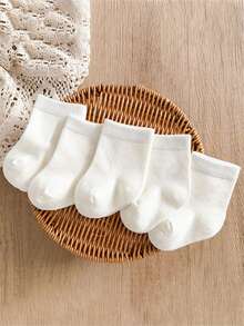 5 Pairs Baby & Toddler Solid White Breathable Mid-Calf Socks, Soft & Comfortable, Suitable For All Seasons - Multicolor - View 8
