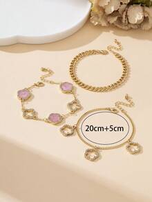 3件套奢华复古经典优雅夏季海滩度假多层混搭粗链闪亮粉色四叶草镂空四叶草吊坠脚链套装（女士款） - 粉色 - 查看 5