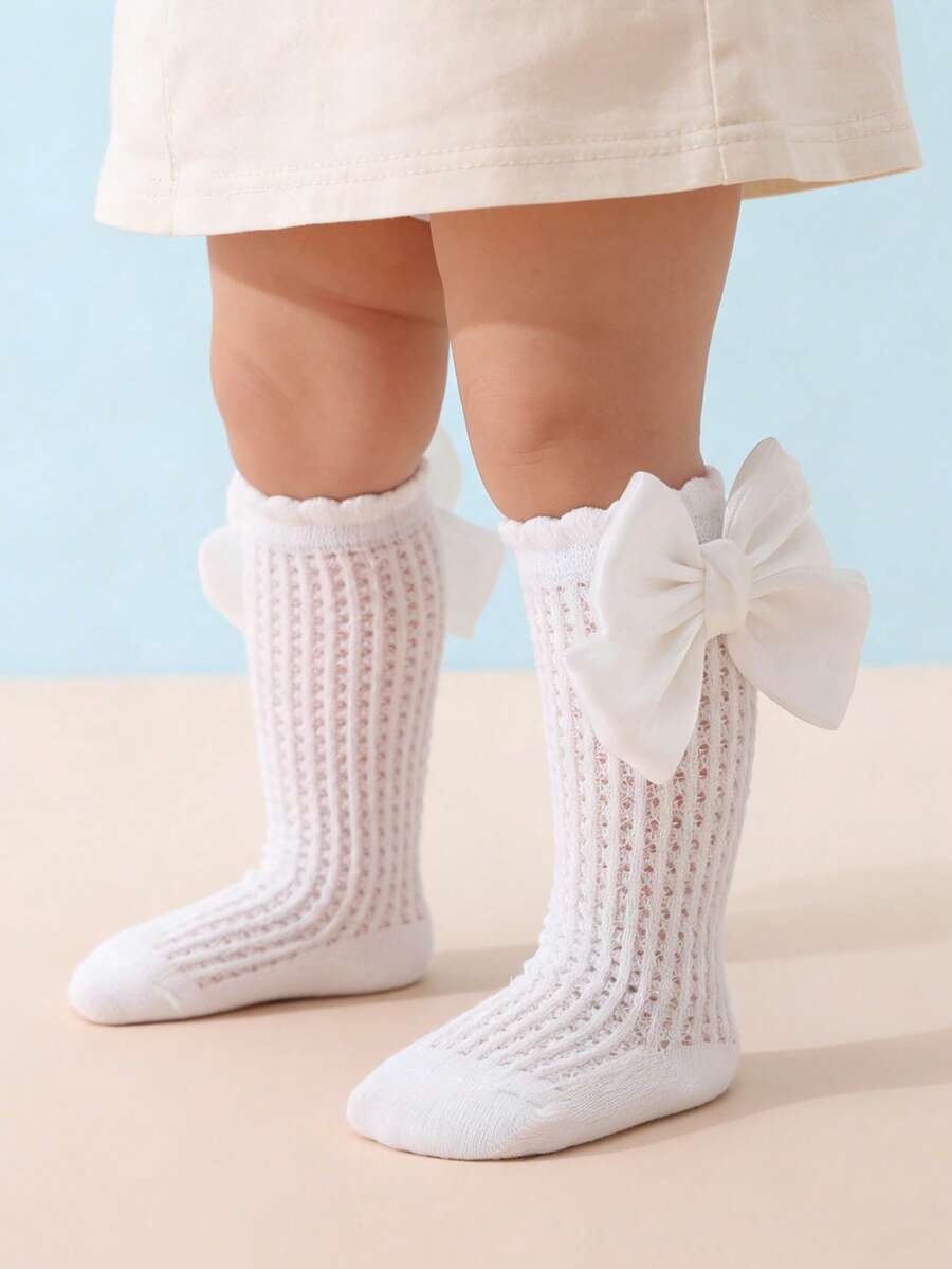 1 Pair Baby Girls' Sweet Cute Bow Decor Cotton Mesh High Socks, Spring/Summer