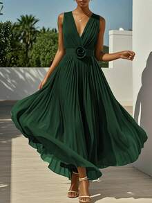 Solid Color Elegant Pleated Criss-Cross Ruffle V-Neck Sleeveless Bridesmaid Dress For Wedding & Beach Spring - Dark Green - View 1