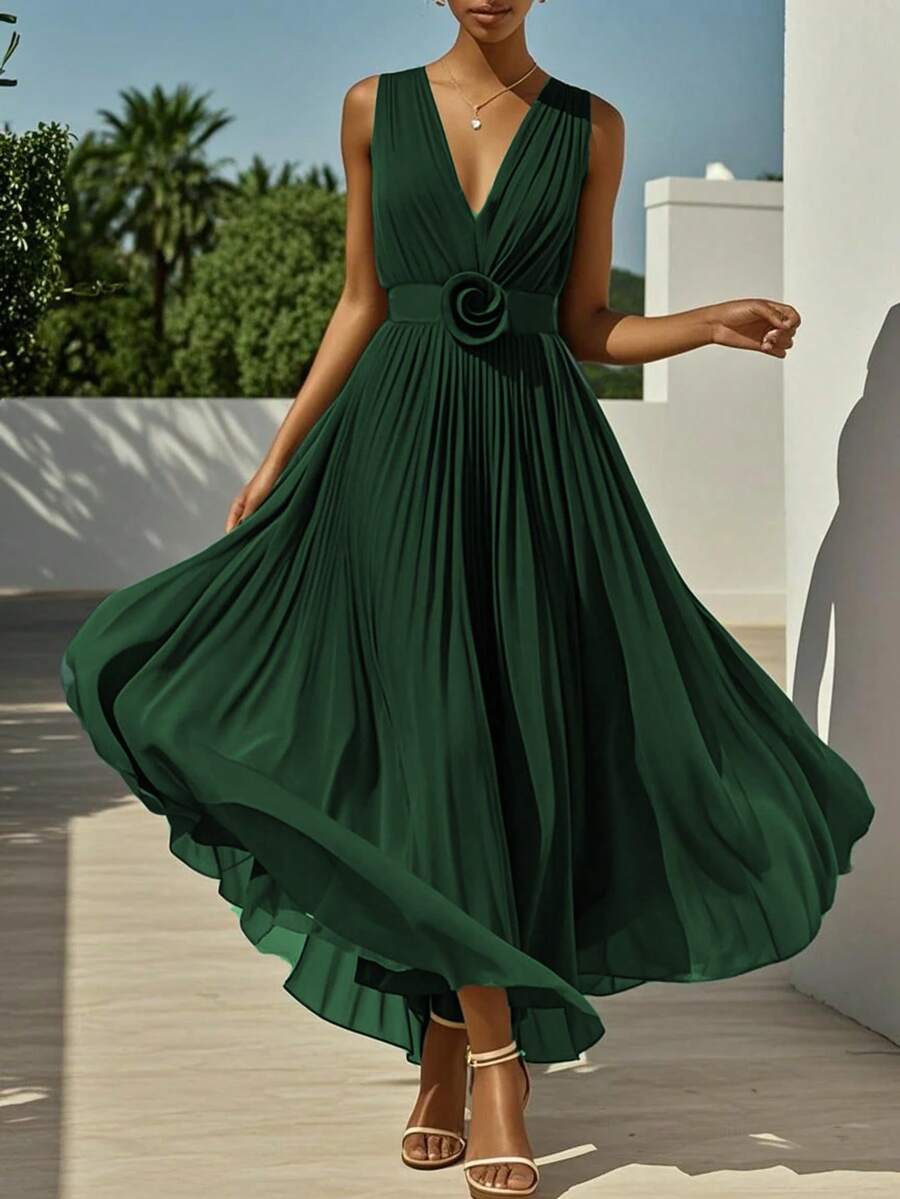 Solid Color Elegant Pleated Criss-Cross Ruffle V-Neck Sleeveless Bridesmaid Dress For Wedding & Beach Spring - Dark Green - View 1