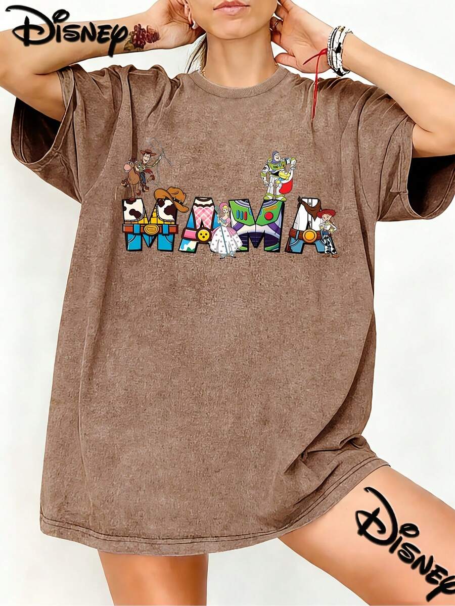 (Authorized By Disney) Toy Story MAMA Letter Printed T-Shirt, Toy Story Character Top, The Fabric Is Soft, Comfortable And Breathable, Suitable For Daily Wear, Shopping, Traveling, Gathering And Home Use. It Is Also Suitable As A Beautiful Gift. Every Woman Should Have One. - 棕色 - 查看 1