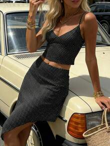 Bộ váy nữ không tay chấm bi cổ chữ V, viền ren, dây mảnh, vạt bất đối xứng, kiểu dáng thời trang, giản dị, cổ điển, thanh lịch, phù hợp cho tiệc tùng, hẹn hò, kỳ nghỉ, mùa xuân/hè. - Nhiều màu - Xem 1