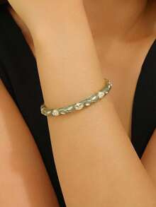 1pc Fashion New Rhinestone Enamel Flower Pattern Cloisonne Bangle Bracelet, Jewelry Gift For Women & Girls - Green - View 2