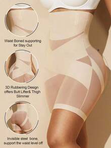 1pc Women High Waist Criss-Cross Seamless Shapewear Shorts, Tummy Control, Butt Lifting, Flat Belly, Bodyshaping Underwear - 杏子 3 - 查看 5