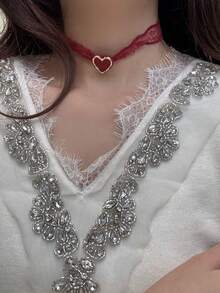 1pc Fashionable Lace Heart Decor Choker Necklace, Suitable For Daily Wear - Red - View 3