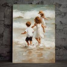 Pintura 2D Plana, 1 pieza de Niños Jugando en la Playa en Pastel Suave - Arte de Pared Costero sin Marco, Listo para Colgar y Decoración de Habitación Infantil, 30.48x40.64cm (12"x16") Cuadro Familiar Náutico, 2D Plana para Arte de Pared, 2D Plana - Sin marco - Ver 1