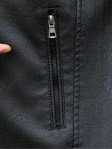 Men's Solid Color Stand Collar Leather Jacket, Fashion - 黑色 - 查看 5