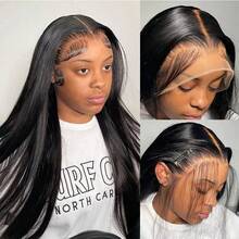 Tóc giả dài thẳng, chất liệu tóc người Brazil, độ dày 200%, kiểu tóc ren phía trước 13x4 dành cho nữ, đã được tỉa sẵn các nút thắt nhỏ, đường chân tóc tự nhiên với tóc con, chiều dài từ 16-34 inch. - Tự nhiên & Đen - Xem 4