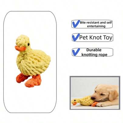 手工棉质编织咀嚼玩具，可爱黄色小鸭造型，经久耐用，耐咬，可清洁牙齿、按摩牙龈，适合小型/中型犬和幼犬，缓解焦虑，是一款有趣的互动配件。