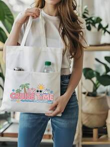 Pocket Vacation Tote Bag - Lightweight Large Capacity With Multiple Pockets For Convenient Access, Printed With "Time To Set Sail" Text, Summer Style Tote Bag, Travel Tote Bag, Washable And Reusable, Essential Travel Accessory - Multicolor - View 7