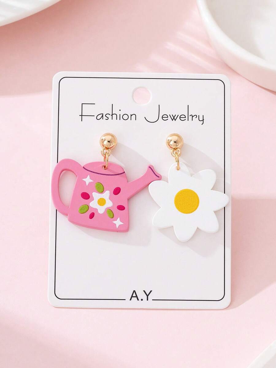 1 Pair Summer Vacation Cute Watering Can Flower Enamel Faux Soft Pottery Design Fashion Jewelry Earrings, Gift For Holiday Party - Multicolor - View 1