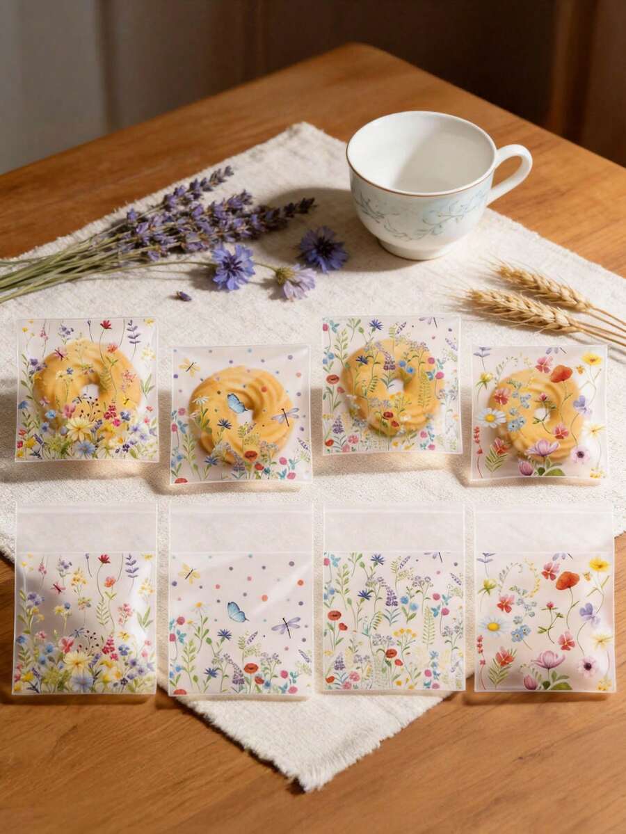 100个清新雅致花卉饼干包装袋 - 浪漫花卉系列 - 透明密封包装袋 - 烘焙零食 - 饼干自粘袋 - 多色 - 查看 1