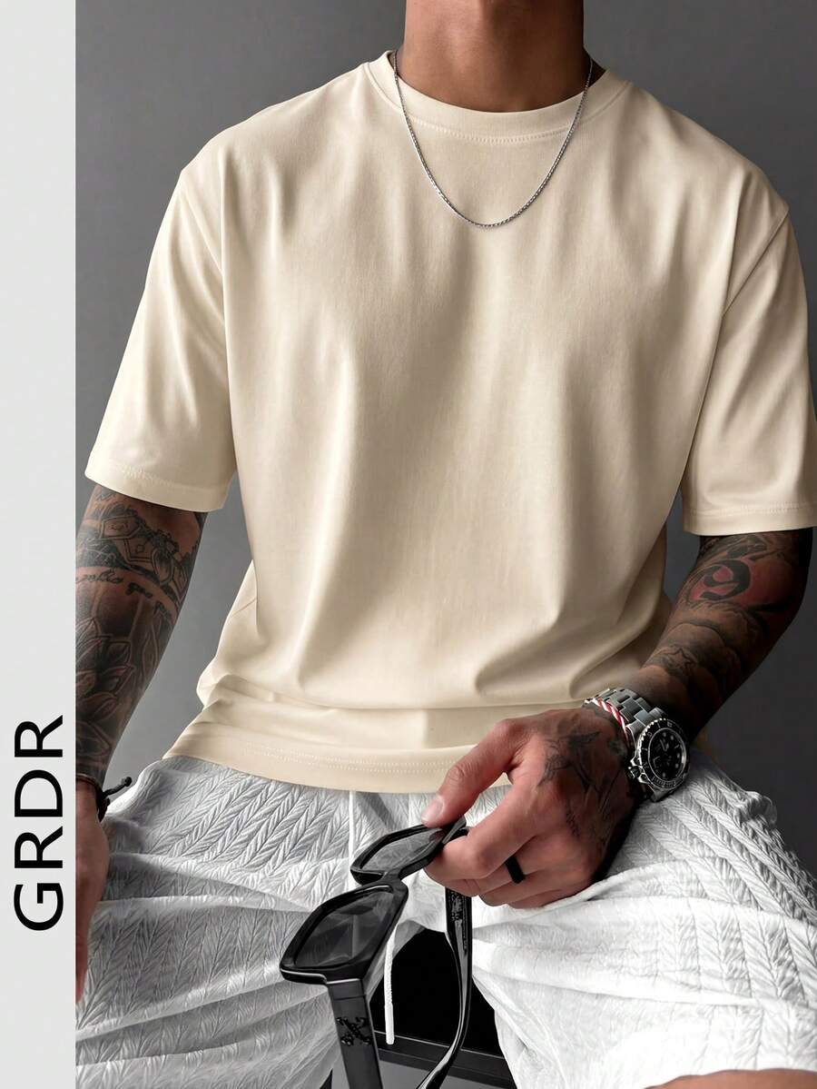 GRDR 男士纯色时尚百搭户外休闲短袖T恤，春夏新品 - 杏色 - 查看 1