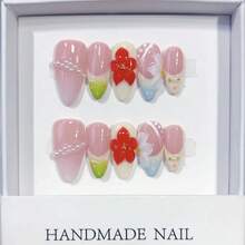 Almond Press On Nails French Manicure False Nails With 3D Floral Embossed Design Handmade Luxury Glue On Nails Women Girls Holiday Vacation Style - D599 - 查看 5