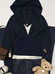 Women's Casual Cute Short Zip-Up Hooded Fitted Knit Cardigan, Long Sleeve Daily Commute Versatile Knit Jacket, Autumn/Winter Street Style Y2K - Màu xanh lam - Xem 13