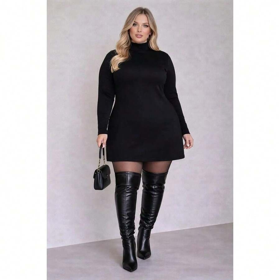 Women's Plus Size Dress, High Neck, Long Sleeves, Short, Comfortable, Elegant, Sensual - 黑色 - 查看 1