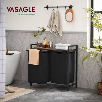 VASAGLE Laundry Hamper, Laundry Basket, Laundry Sorter With 2 Pull-Out And Removable Bags, Shelf, Metal Frame, 2 X 12.1 Gallons (46L), 28.8 X 13 X 28.4 Inches, White, Gray, Black, Light Gray