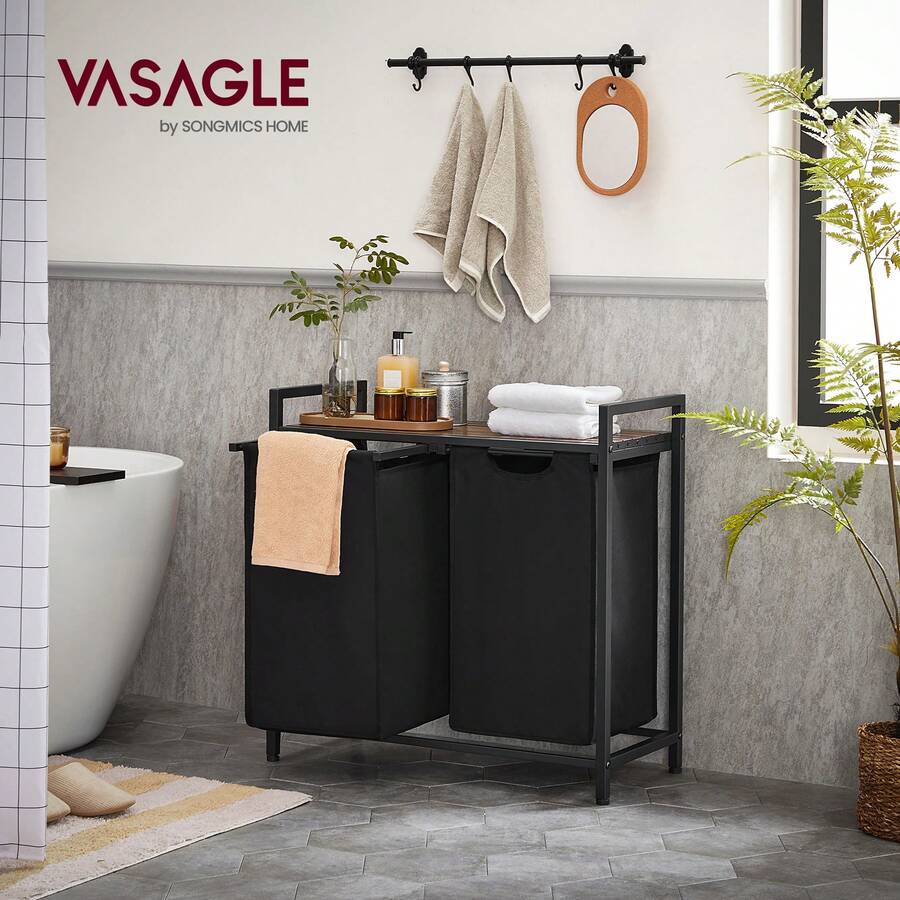 VASAGLE Laundry Hamper, Laundry Basket, Laundry Sorter With 2 Pull-Out And Removable Bags, Shelf, Metal Frame, 2 X 12.1 Gallons (46L), 28.8 X 13 X 28.4 Inches, White, Gray, Black, Light Gray - 黑色 - 查看 1