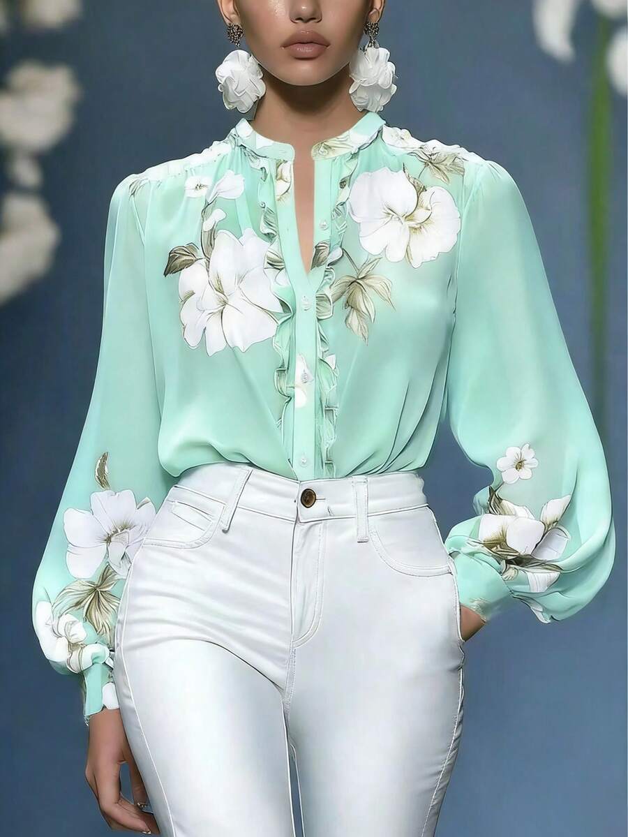 Blus Chiffon Lengan Lentera Kerah Tegak Motif Bunga Elegan untuk Musim Semi - Hijau - View 1