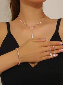 三件套水滴首饰：项链一条、耳环一副、手链一条，适合派对、晚宴、婚礼、新娘装扮、夏季佩戴。 - 乾枯玫瑰色 - 查看 1