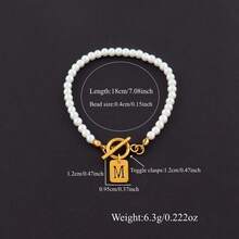 New A-Z Letter Rectangle Pendant Adjustable Pearl Beaded Bracelet, Jewelry Gift For Women - White - View 2