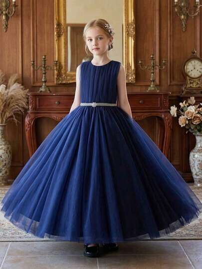 Tween Girl Elegant Navy Blue Long Dress, Flower Girl Tulle Gown For Wedding, Birthday Party, Piano Recital, Prom, Formal Occasion, Holiday Celebration