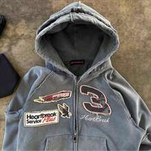 Couples' Retro Street-Style Zip-Up Hoodie With 3D Double-Letter Print - Blue - View 3