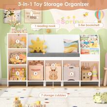 Bookcase, 138.5 Cm Toy Storage Unit With Reading Nook Bench, Book Shelf With 7 Cube Storage - White - View 6