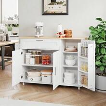 (=N635P21858284D) Large Mobile Kitchen Table 132.5*44(70)*90 Cm, Folding Top, Oak Finish, Multifunctional Cabinet, Spice Rack, Towel Rack, 5 Wheels, Suitable For Kitchen/Dining Room/Home - White - View 5
