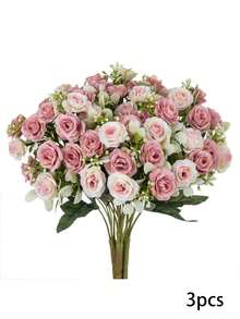 1/3/5件浪漫仿真花装饰，塑料玫瑰花束，仿真植物，尤加利叶，适用于婚礼、房间、家居、酒店、派对、活动、新年礼物、手持花艺装饰，也适用于情人节、婚礼/家居/卧室/客厅/餐桌装饰、新娘捧花、户外花园、生日、毕业典礼等多种场合。 - 粉色 - 查看 1