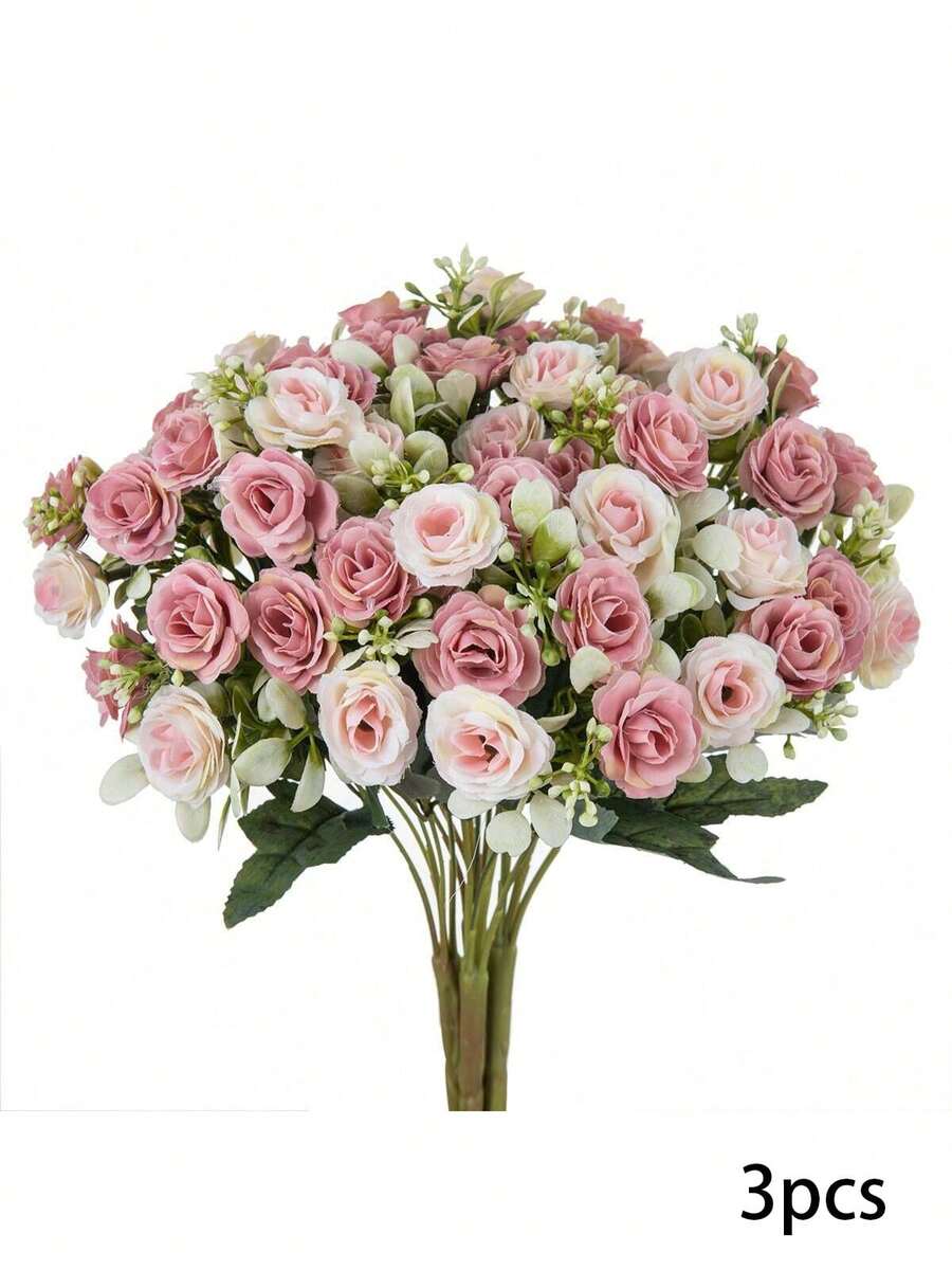 1/3/5件浪漫仿真花装饰，塑料玫瑰花束，仿真植物，尤加利叶，适用于婚礼、房间、家居、酒店、派对、活动、新年礼物、手持花艺装饰，也适用于情人节、婚礼/家居/卧室/客厅/餐桌装饰、新娘捧花、户外花园、生日、毕业典礼等多种场合。 - 粉色 - 查看 1