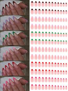 144 pièces 6 couleurs Faux ongles à pointe française de taille moyenne en amande brillante avec design français. Ongles acryliques à couverture complète pour femmes, pour manucure de salon - Multicolore - Voir 5