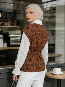 Muslim Women's Elegant Jacquard Batwing Sleeve Cardigan With Belt, Brown - Coffee Brown - View 6